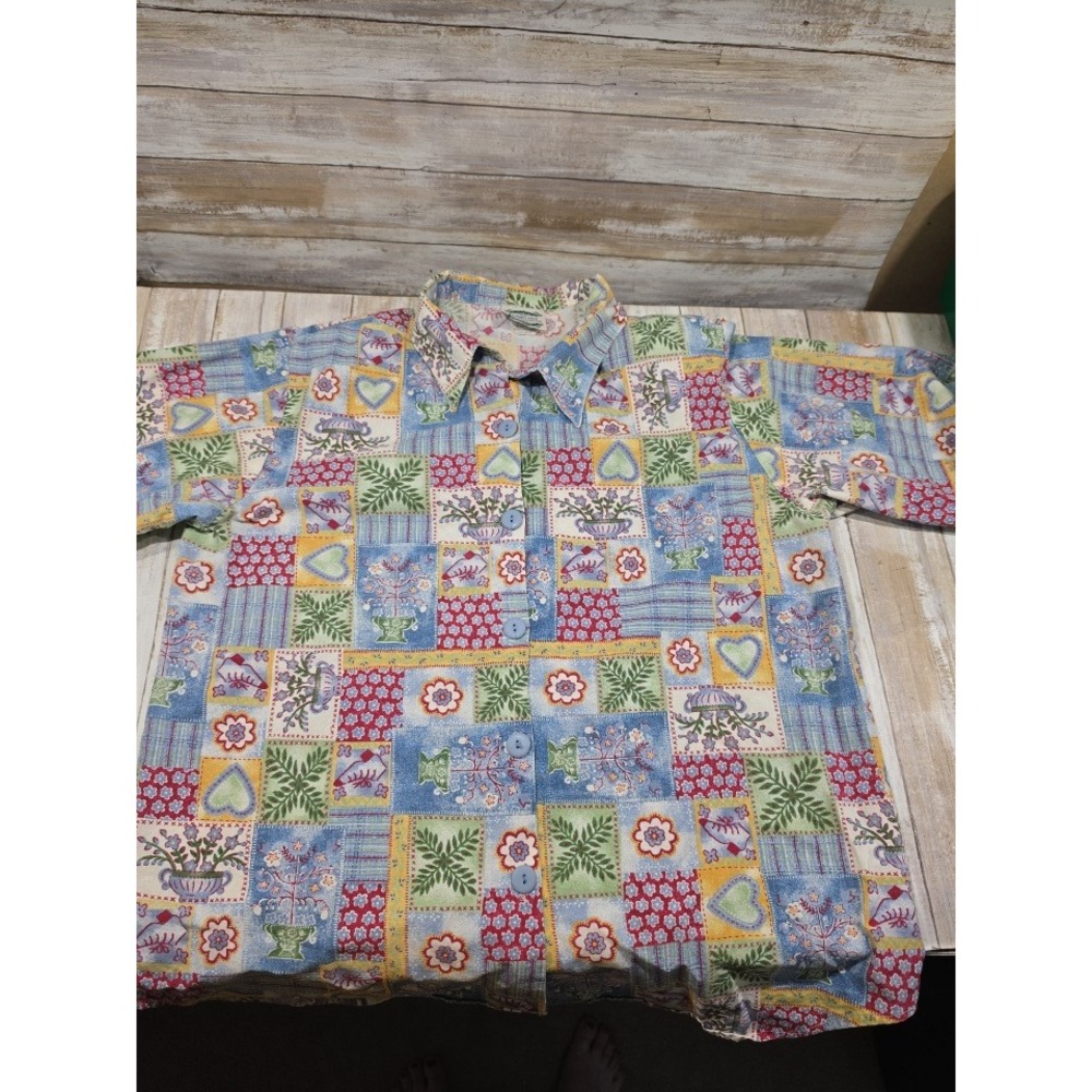 Separate Issue Womens Patchwork Heart Floral Button Down Shirt Multicolor S/M